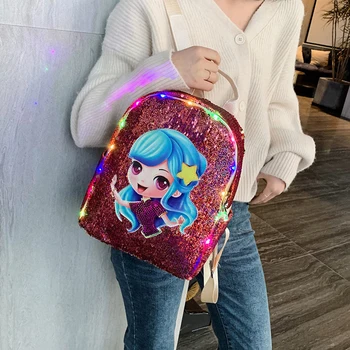

Kids Girls Sequins Backpack Durable Cartoon Hot Sale Cute Glitter LED Lights School Travel Casual Rucksack Shoulder Bags
