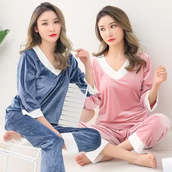 

Plus Size 5XL Thick Warm Gold Velvet V-neck Pajama Set for Women 2020 Autumn Winter Sleepwear Homewear Pijama Mujer Home Clothes