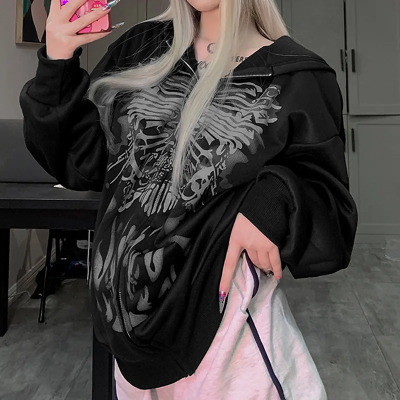 Women´s Y2K Print Oversized Sweatshirt Zip Up Hoodies Coat Long Sleeve Streetwear BF Style Jacket