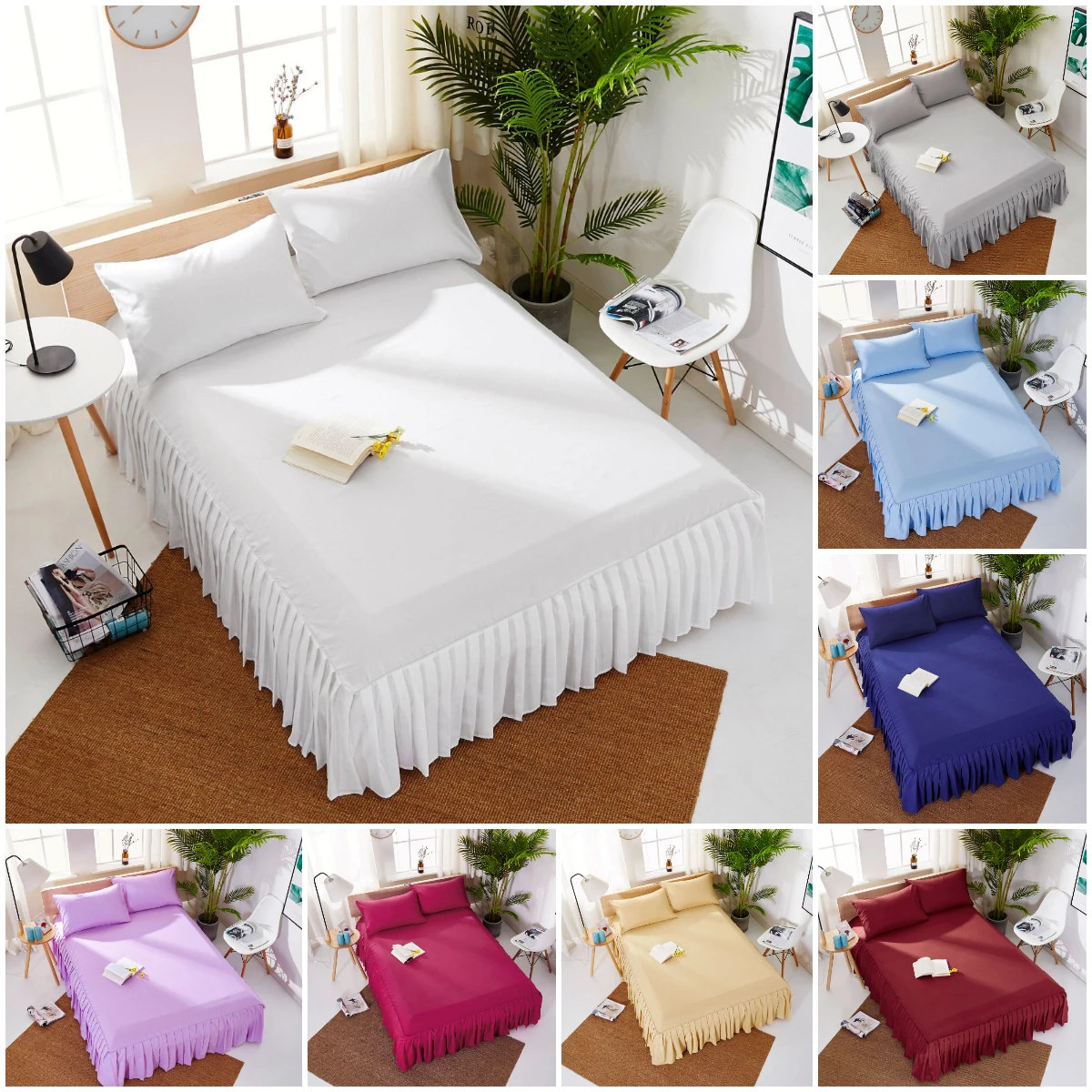 European Pure Color Bedspreads Bedskirt Bed Sheet Combined