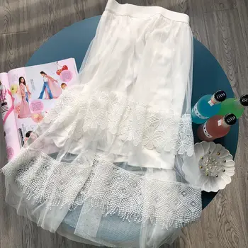 

Women's White Midi Skirt Lace Stitching Mesh 100% Polyester Elastic Waist Sweet Summer 2020 Female Skirt