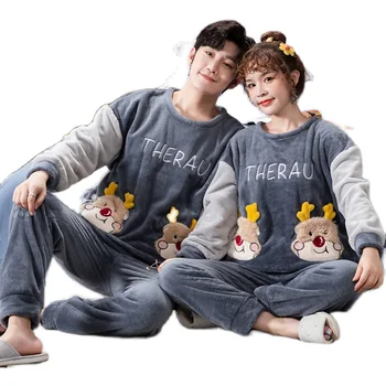 

Winter Flannel Women Men Sleepwear Pajamas Girls Cartoon Print Pajama Set Pullover Coral Fleece Pijamas Mujer Home Suits