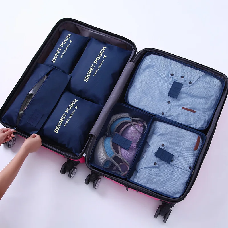 dark blue Hot Fashion Travel Waterproof Clothes Storage bags Luggage Pouch Packing Cube Solid Portable Organizer 7 pcs/set - Цвет: dark blue