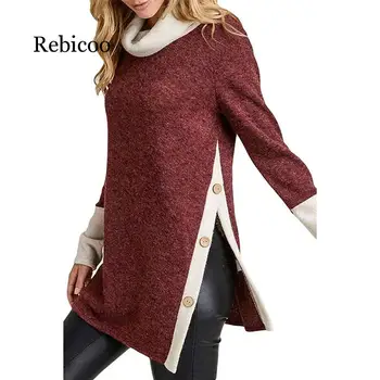 

2019 autumn and winter new European and American women's clothing explosions button open long section high collar loose sweater