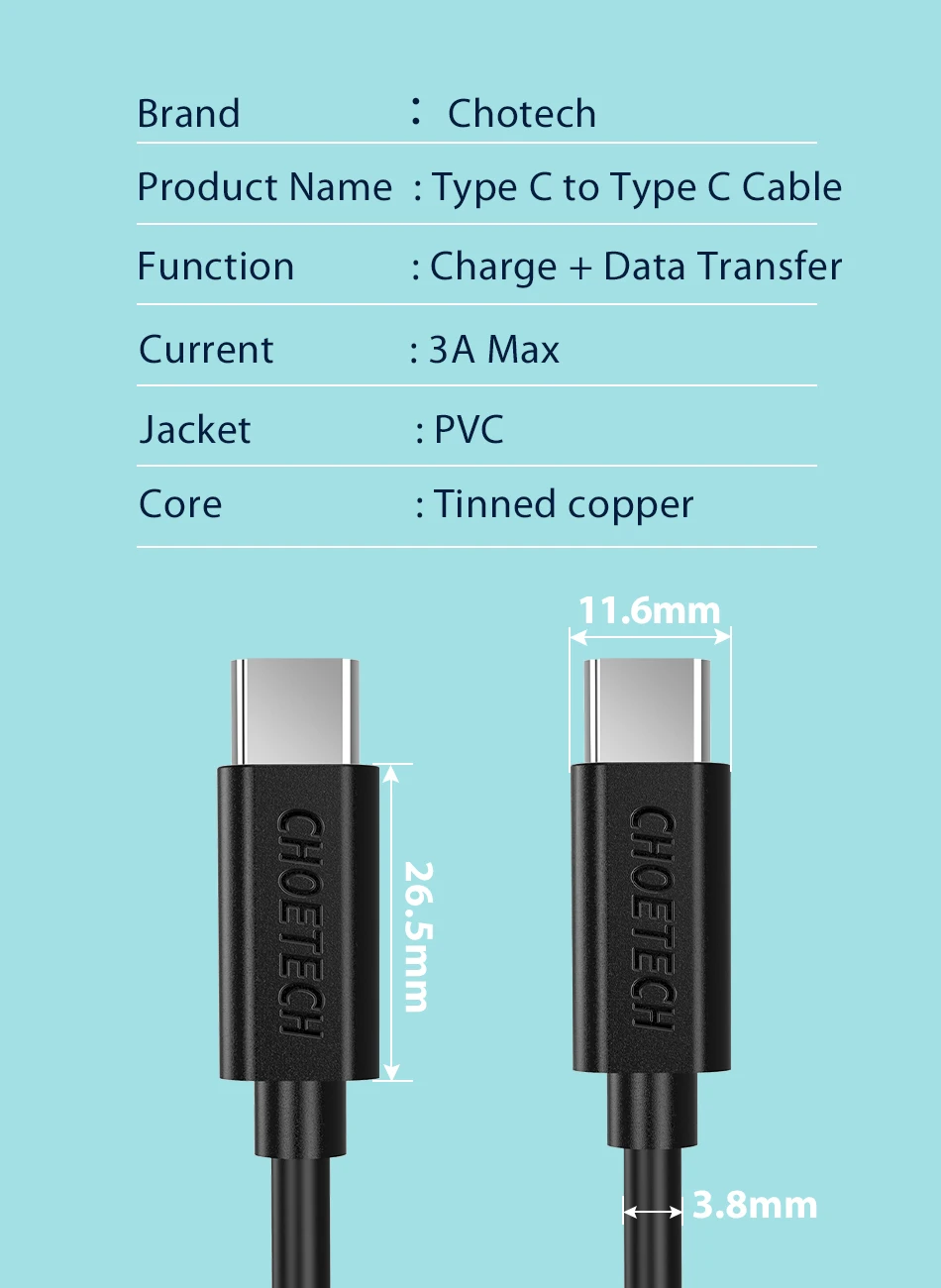 CHOETECH 3 м USB C к USB C кабель для samsung Galaxy S9 S8 Note 9 8 Поддержка PD 60 Вт QC3.0 3A шнур быстрой зарядки для устройств type-C