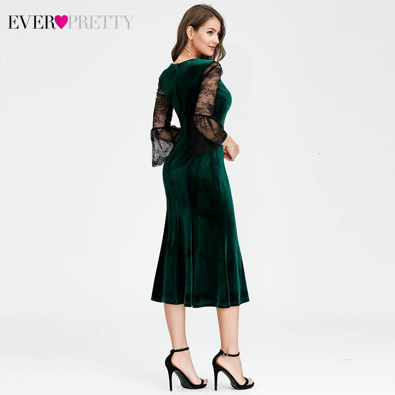 Элегантные велюровые вечерние платья Ever Pretty EP07301DG 3/4 кружевные короткие вечерние платья Русалка с расклешенными рукавами и v-образным вырезом Lange Jurken