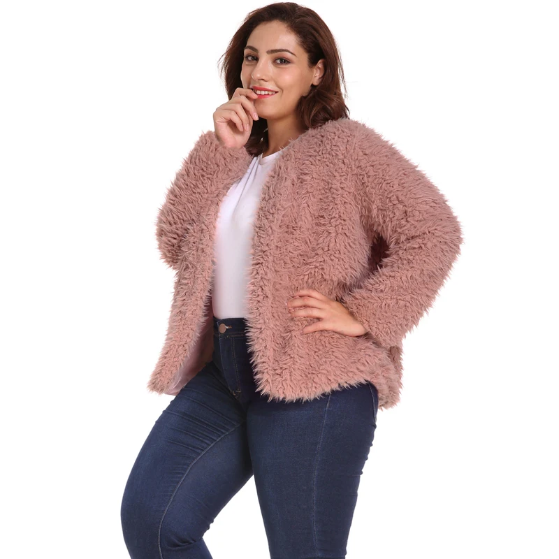 Зимнее теплое пальто Женская куртка из искусственного меха 5XL 6XL Плюс Размер пушистое пальто v-образный вырез без воротника с длинным рукавом плюшевый пиджак верхняя одежда