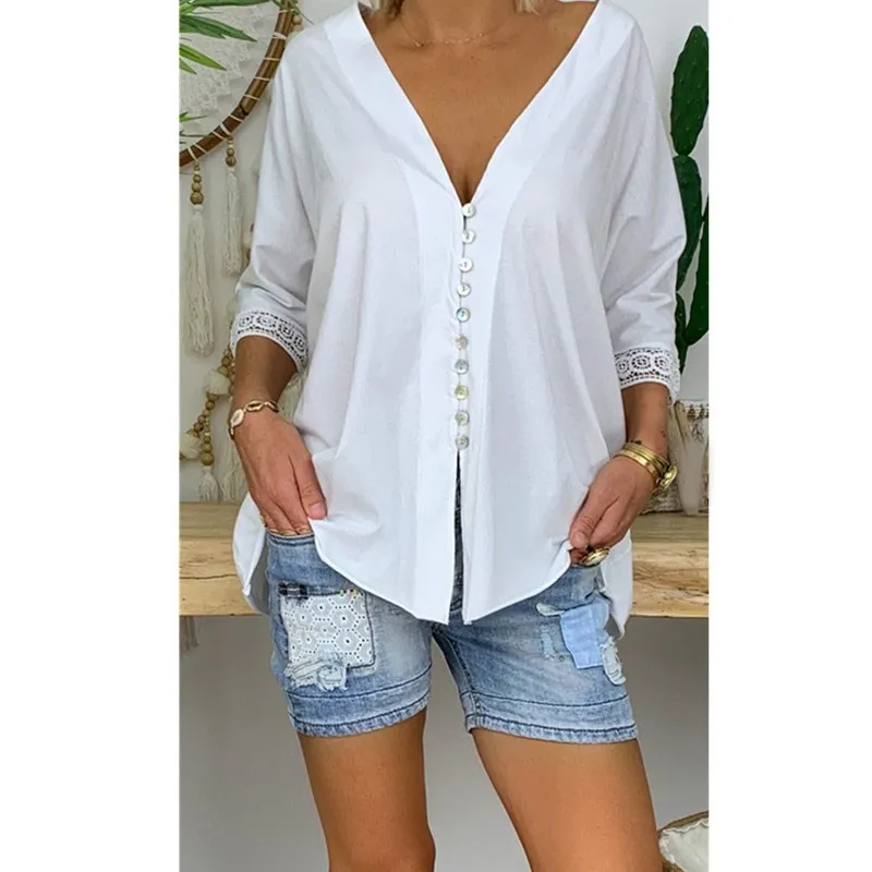 Мода 5Xl 7 цветов красивые летние женские кружевные блузки свободные однотонные Блузы с v-образным вырезом размера плюс кружевные лоскутные рубашки на пуговицах