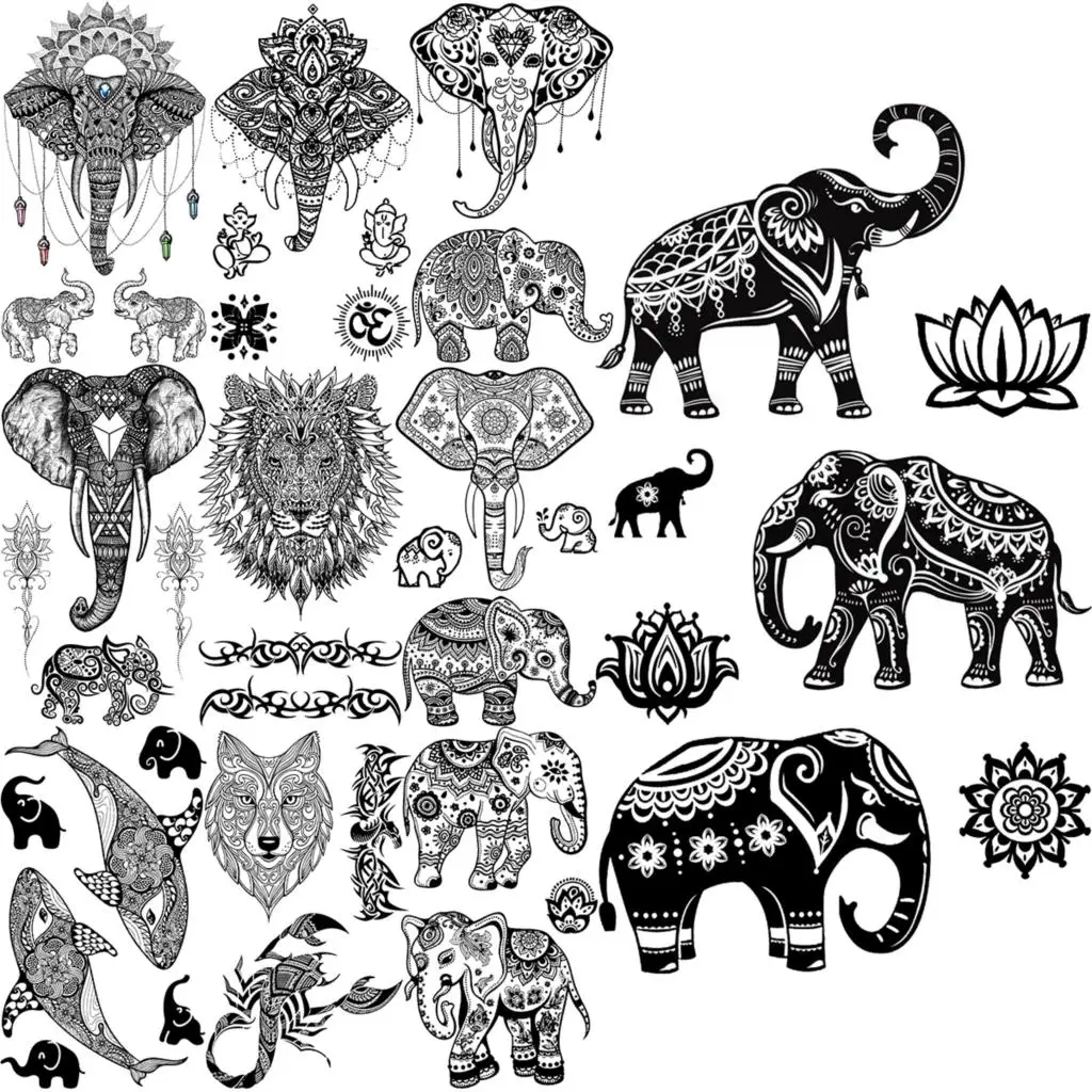 

Black Elephant Temporary Tattoos For Women Men Realistic Lion Whale Wolf Scorpion Thorns Fake Tattoo Paste Arm Body Tatoos 3D