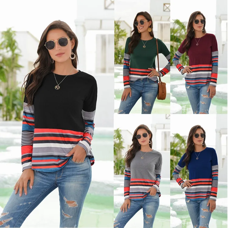 

Real Shot 2020 Autumn Popular Women's Striped Prints Long Sleeve round Neck Hoodie with Sleeves