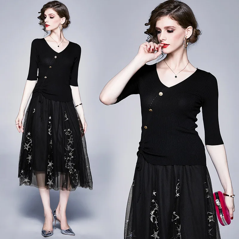 

Photo Shoot Large Austrian WOMEN'S Dress New Year New Style Slim Fit Tops Embroidered Gauze Sweater Set Dress