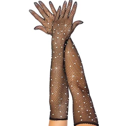 Sexy Elastic Mesh Gloves With Colored Flash Diamonds Bungee Stage Performance Hollow Fishing Net Punk Hiphop Women's Gloves R51