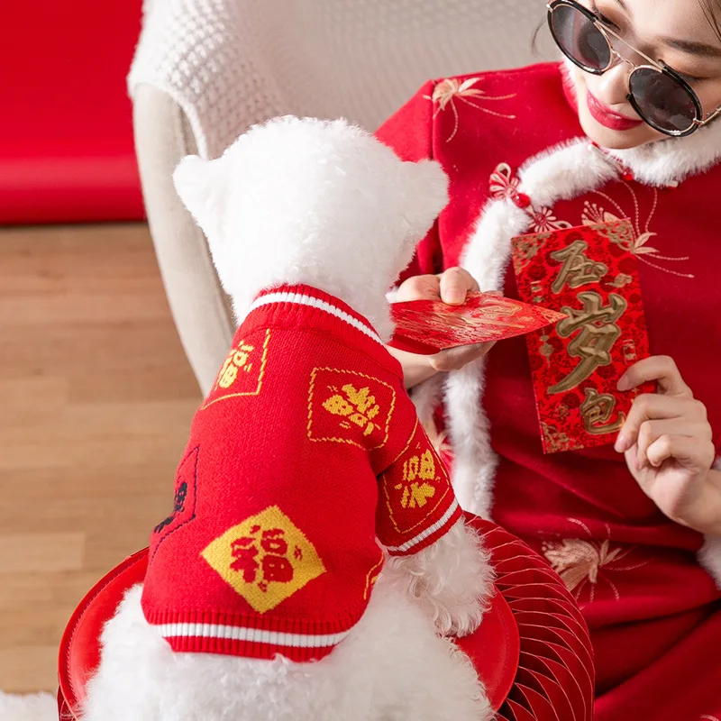 

Autumn Winter Pet Clothes New Year Festive Lucky Characters Puppy Dog Cardigan Sweater Dogs Cats Two-legged Clothes Pet Costume