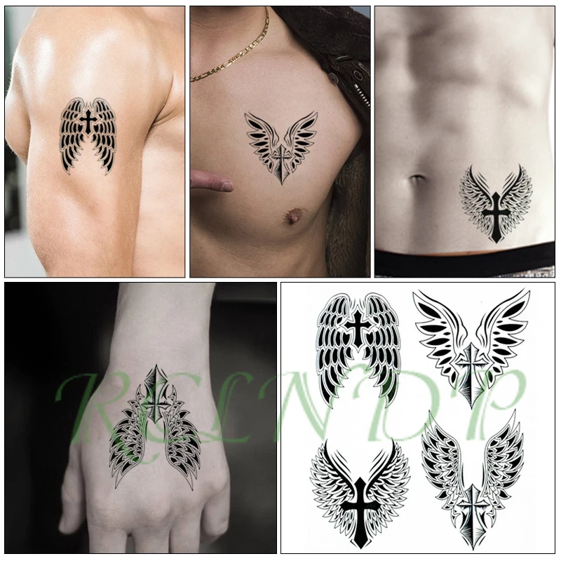 

Waterproof Temporary Tattoo Sticker angel wings cross feather black Fake Tatto Flash Tatoo big size tattoos for kid Women Men