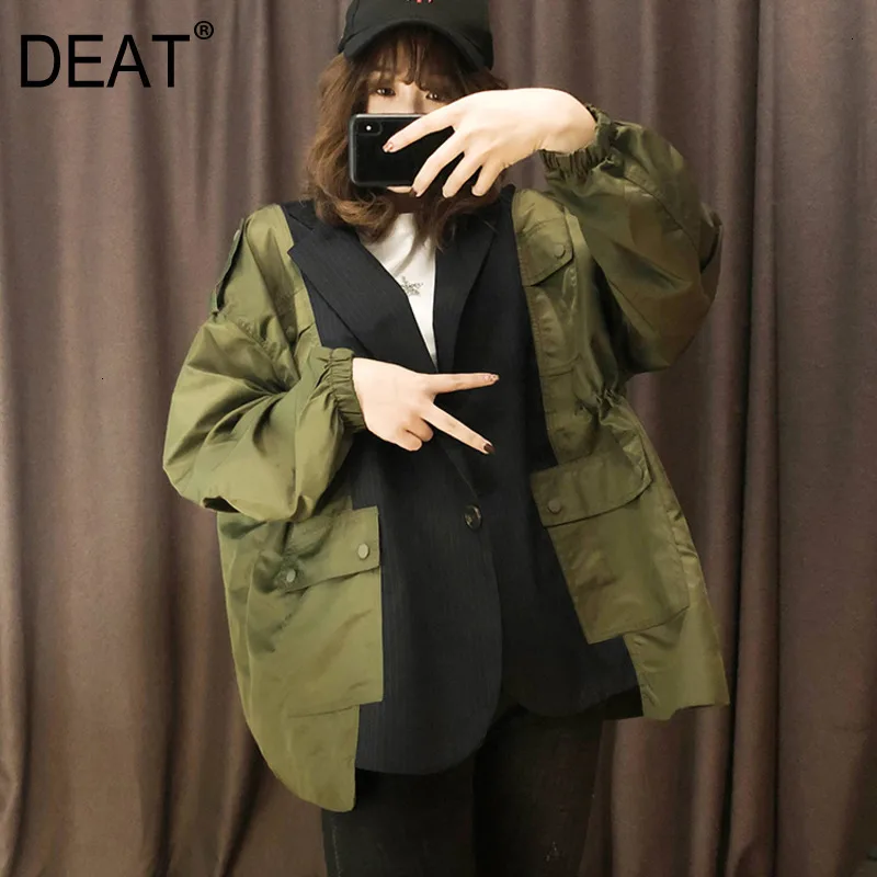 

DEAT 2020 new autumn and winter single breasted lantern sleeves green black contrast colors A-line shot jacket WJ99906XL