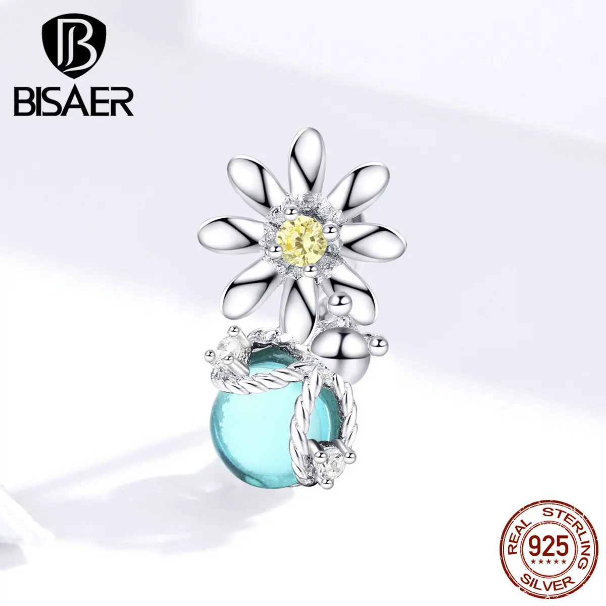 Горячая BISAER 925 пробы серебряные светлячки и маргаритки амулеты светильник Кристалл Голубой циркон бусины подходят браслеты 925 ювелирные изделия ECC1369