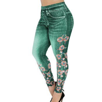 

Women's High Waist Floral Print Imitation Denim Fake Jeans Slim Casual Gym Leggings Skinny Seamless Leggings