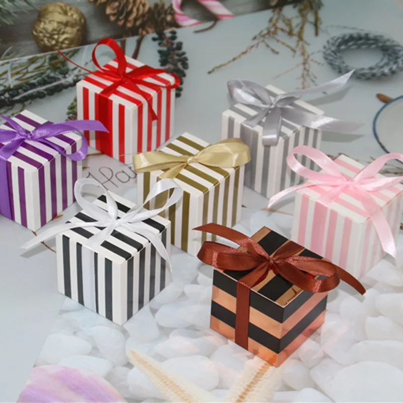 10PCS Small Gift Box Candy Boxes with Ribbons Gold Striped Party Favors for Wedding Baby Shower Birthday Dragees Supplies | Дом и сад