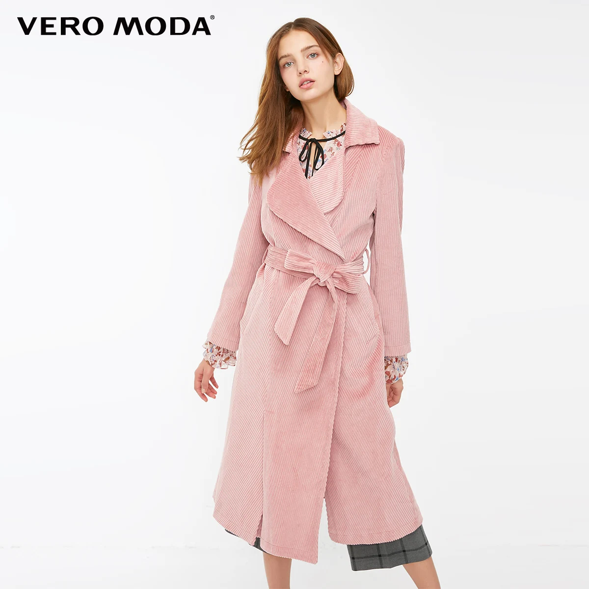 Falcon pink Vero Moda Осень Зима хлопок вельвет Сплит длинный плащ куртка женская| 318409508 - Цвет: Falcon pink