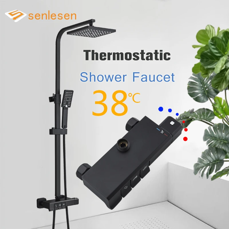 Senlesen Thermostatic Bathroom Shower Set Matte Black 8 inch Rainfall Head Wall Mounted System | Строительство и ремонт