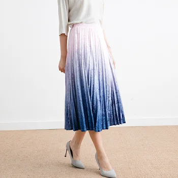 

Gradient Velvet Pleated Skirt New High Waist Gold Velvet A-line Skirt