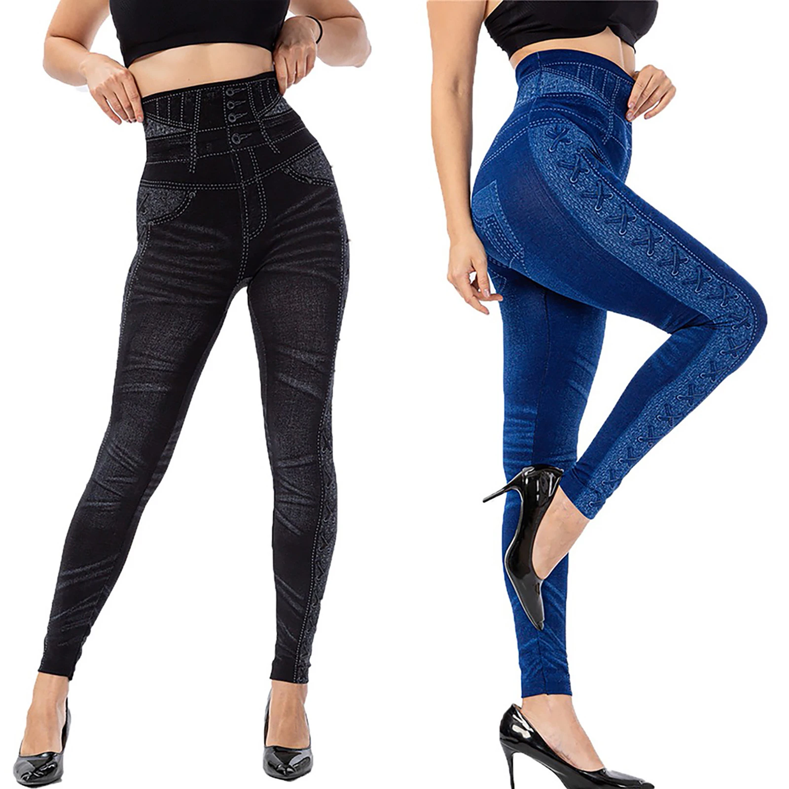 Alta cintura Pantalones de mujer vaquero Casual Leggins de elasticidad Slim Pantalones de corriendo Pantalones|Mallas| - AliExpress