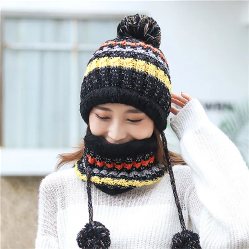 

2019 Wool Knitted Thick Winter Pompom Skullie Beanies Rings Sets Women MS Cap Hat Scarf Neck Ear Warm Fashion Accessories-CGC-W7