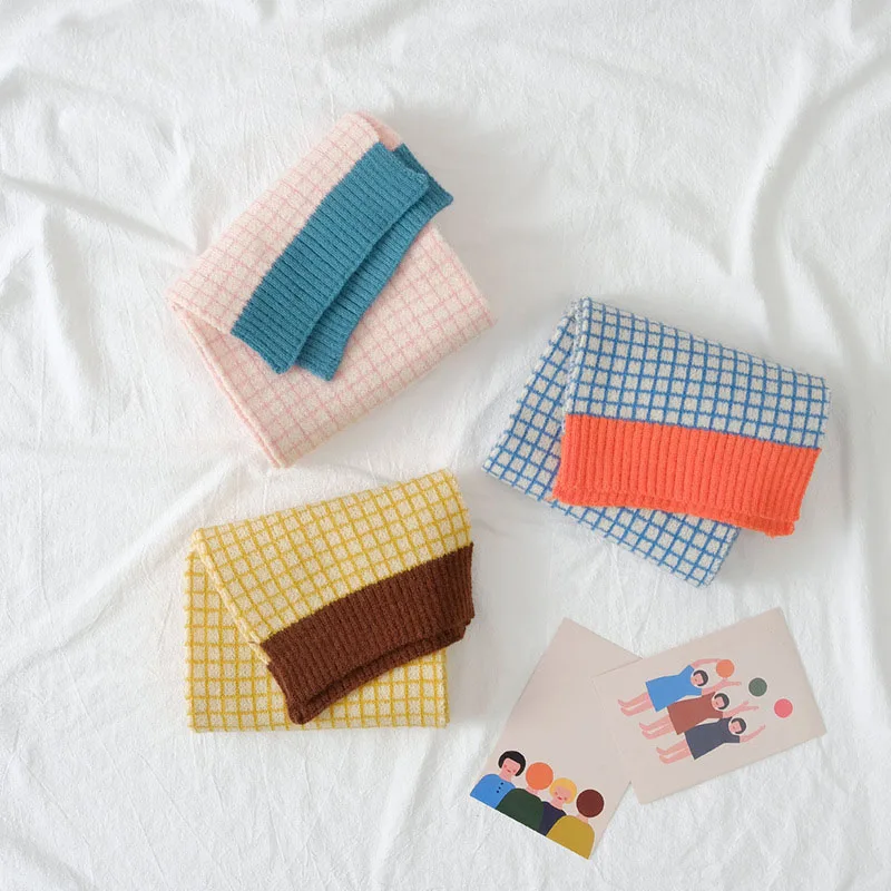Outdoor Windproof Scarf Kids Boys Girls Scarf Winter Warm Fashion Patchwork Plaid Knitted Long Scarf Children Scarves 2-15Y