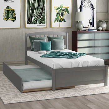 

Twin Size Platform Bed Wood Bed Frame With Trundle Home Furniture Drop Shipping Bedroom Furniture