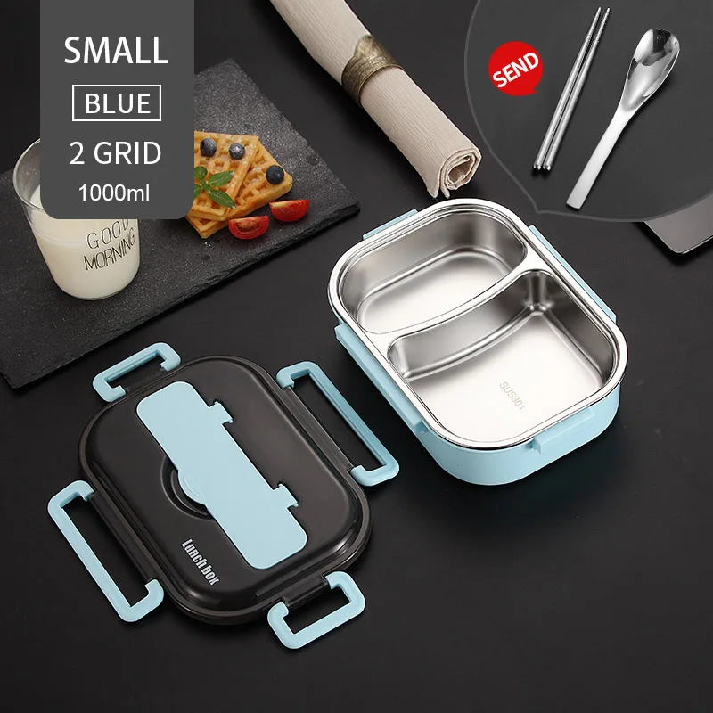 1000ml 2 Grid Blue WORTHBUY японский детский Ланч-бокс из нержавеющей стали 304, Ланч-бокс с отсеком, посуда, контейнер для микроволновой печи - Цвет: 1000ml 2 Grid Blue