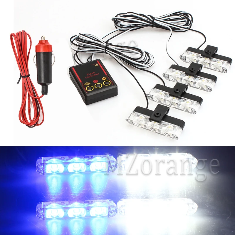 

4x3 LED police lights led strobe lights on a car police Light strobe led cigarette lighter car flash lights fso flash on auto