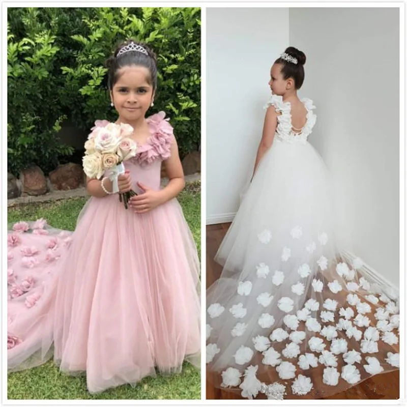 

Pretty Flower Girl Dresses Fuffy Tulle Girls Pageant Sleeveless Applique Open Back Kids Holy Communion Birthday Party Dresses
