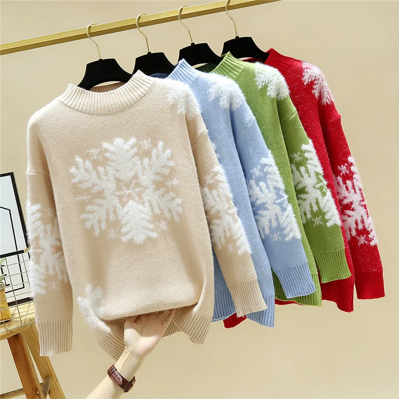 

2023 Winter Christmas Pullover Snowflake Women Sweater O-Neck Korean Loose Knitted Kerst Female Casual Long Sleeve Warm