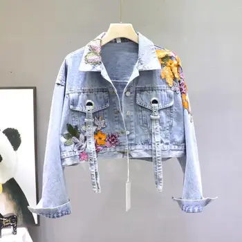 

2020 Spring Fashion Heavy Sequins Flower Short Jeans Jacket Women's Casual Denim Coats Female Students Outwear r517