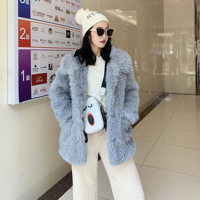 

Winter Women Jacket Faux Fur Coat Warm Short Jacket 2019 New Blue Loose Jacket Thick Warm Female Faux Leather Overcoat AN340