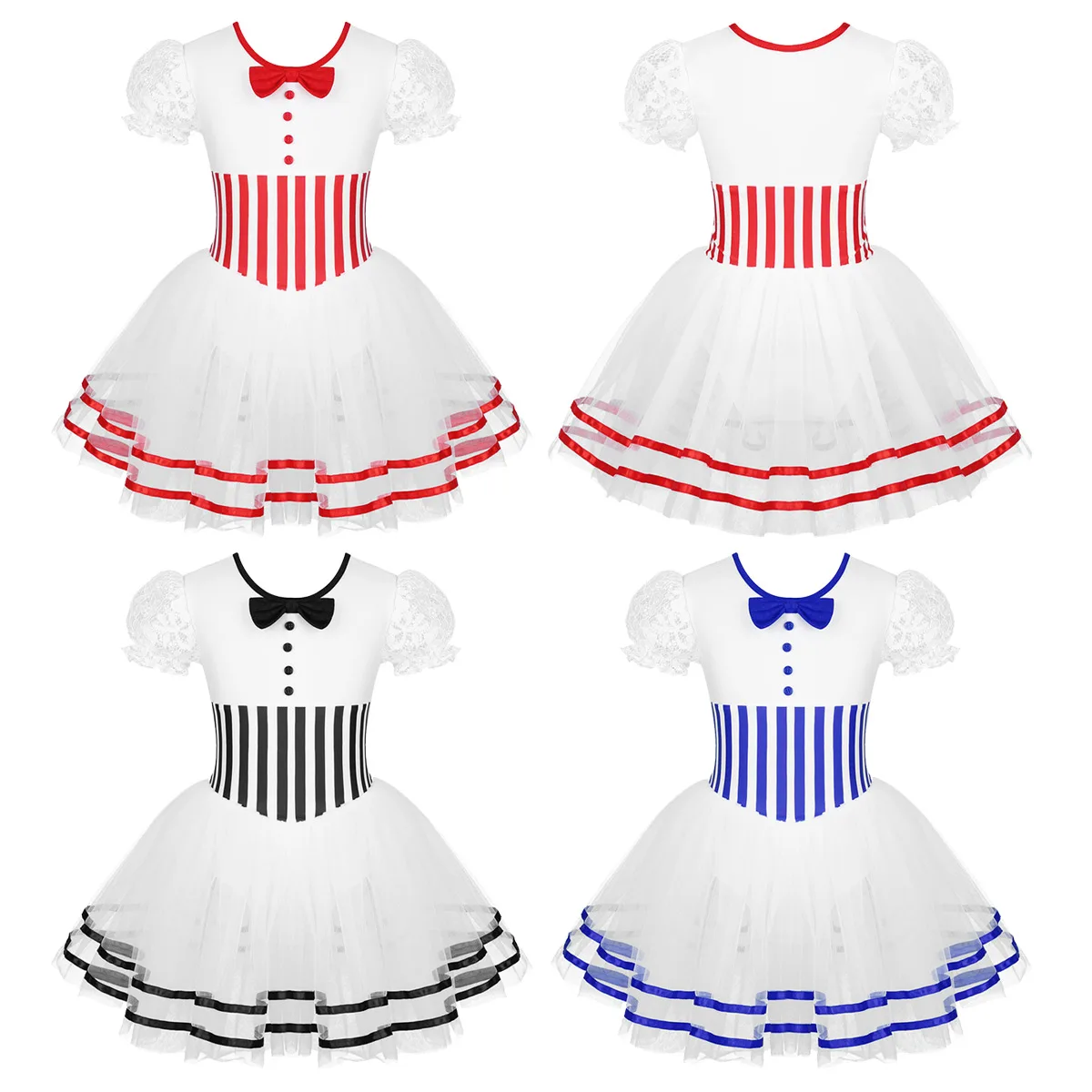 New Kids Girls Christmas Dance Costume Short Lace Puff Sleeves Striped Waist Figure Skating Dress Baton Twirling Leotard Dress