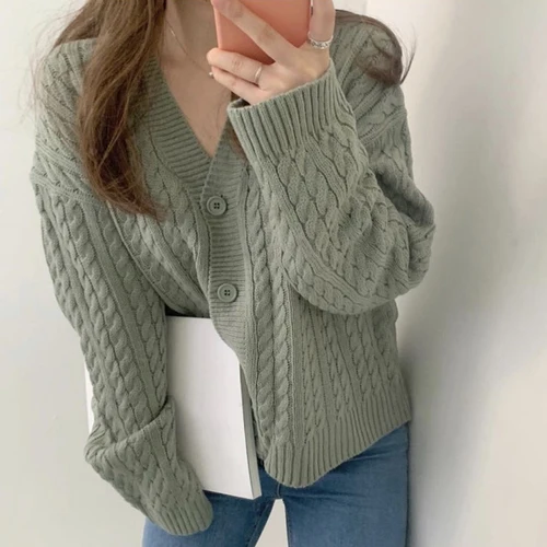green Neploe зимний Корейский Шикарный ретро свитер пальто Pull Femme сплошной твист v-образным вырезом однобортный длинный рукав вязаный кардиган 55691 - Цвет: green