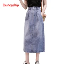 Лето, Женская длинная джинсовая юбка, Femme, повседневная, свободная, с высокой талией, джинсовые юбки для женщин, винтажные, синие, с карманами, с разрезом