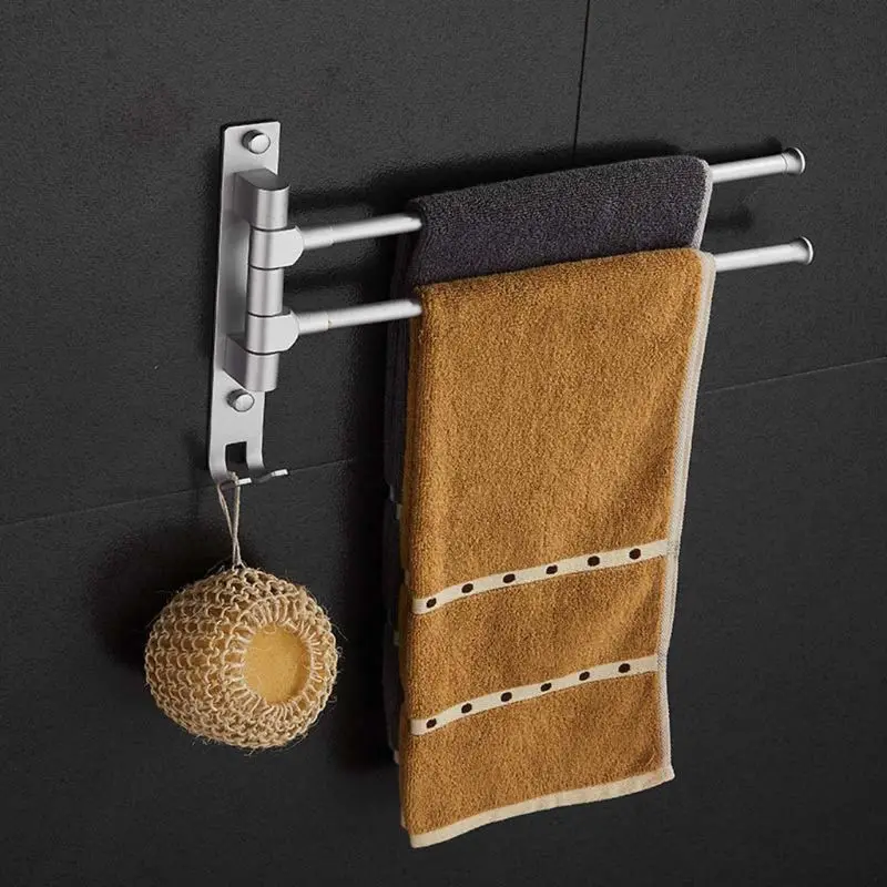 

2Arms Space Aluminium Silver Color Towel Rack Towel Hanging Bars With Hooks Rotatable Towel Organizer Bathroom Accessories