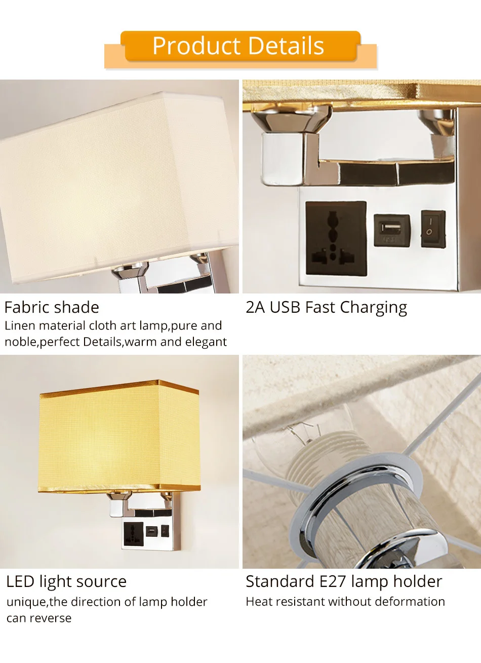 Socket USB E27 LED Bulb Wall Lamp Stair Bathroom Sconce Wall Lights with Switch Applique Nordic Bedside Lamps Bedroom Lighting (5)