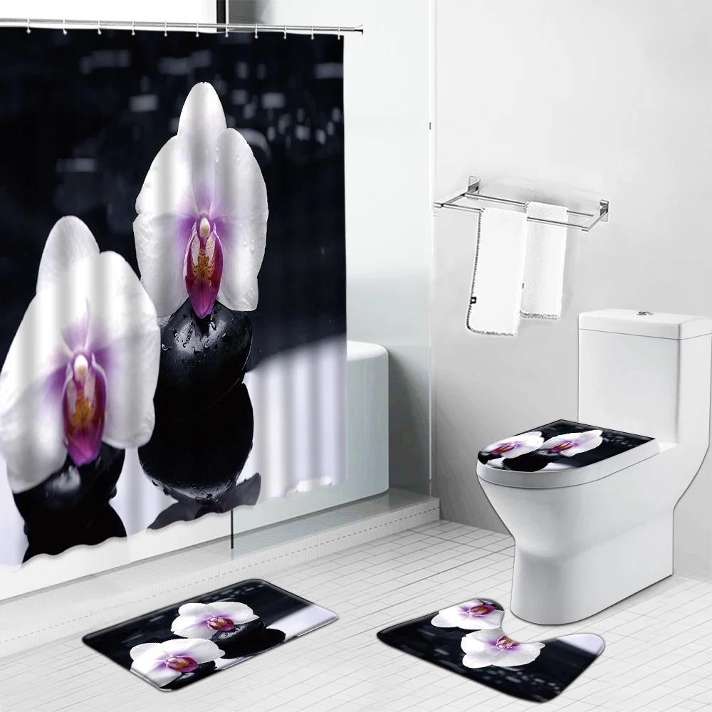 

White Flowers Black Shower Curtains Non-Slip Bath Mat Butterfly Watercolor Floral Bathroom Decor Set Rug Toilet Lid Cover Carpet
