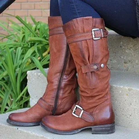 Женские сапоги до колена; обувь в гладиаторском стиле на низком массивном каблуке; Винтажная обувь из искусственной кожи с круглым носком на молнии сбоку; botas mujer; H124 - Цвет: brown