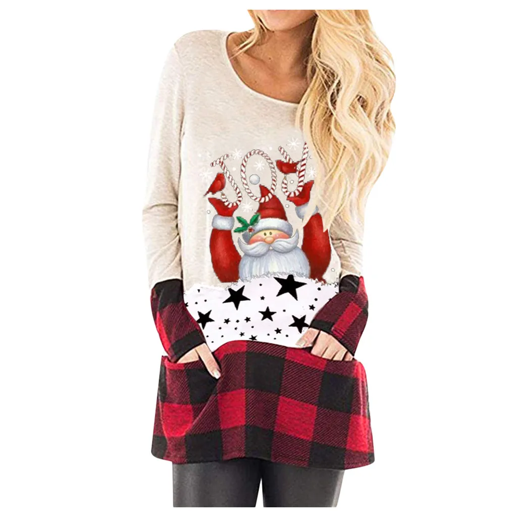 Харадзюку, женская футболка и топ, рождественские топы, в клетку, с длинным рукавом, милая туника с круглым вырезом, рубашка размера плюс S-5XL, футболка