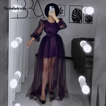 

Smileven Purple Prom Dresses Long Puff Sleeve Evening Party Dress Knee Length Saudi Arabia Formal Evening Gowns