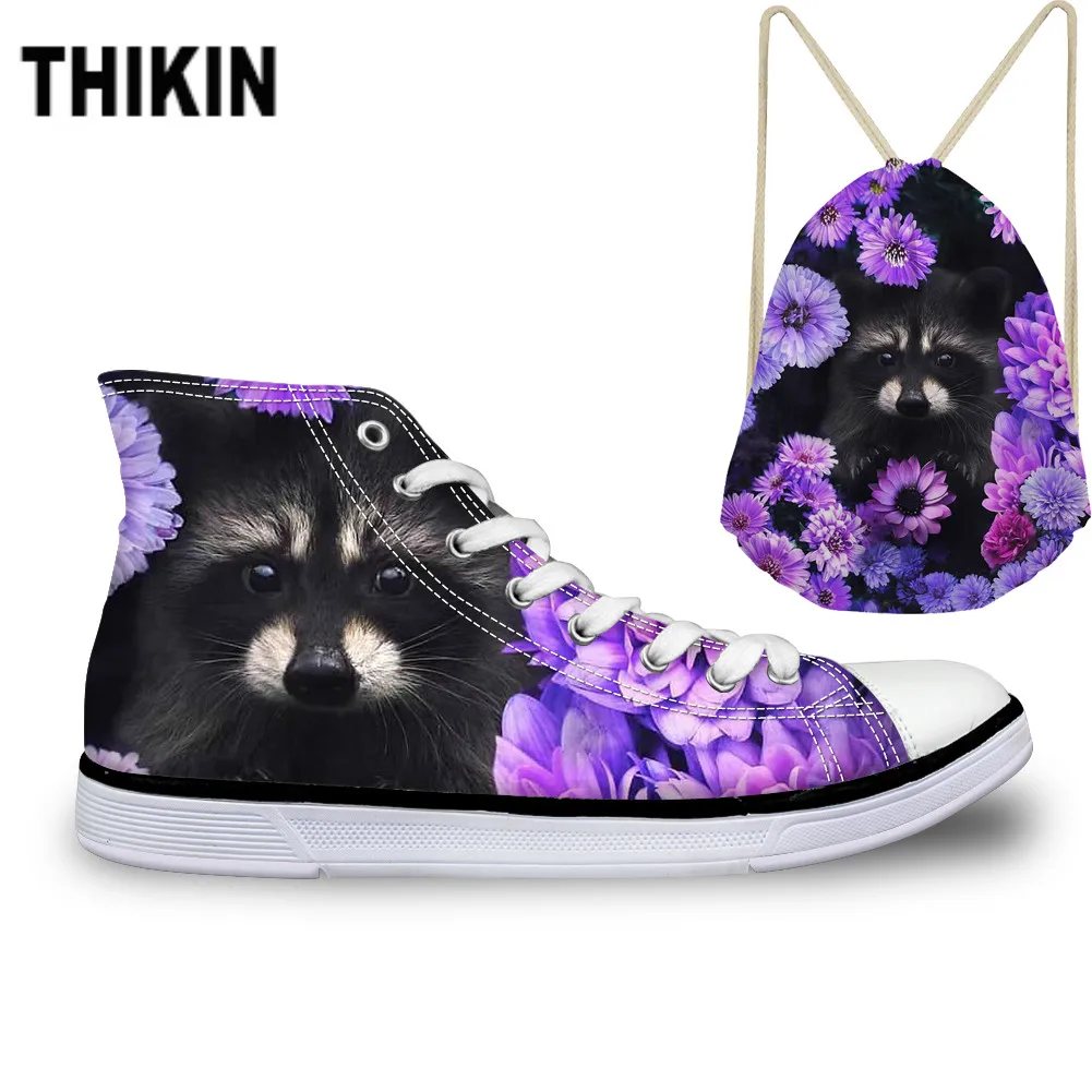 ThiKin Kawaii/Тканевая обувь с цветочным принтом и рисунком енота; женская модная дышащая обувь с высоким берцем на шнуровке; женский Вулканизация