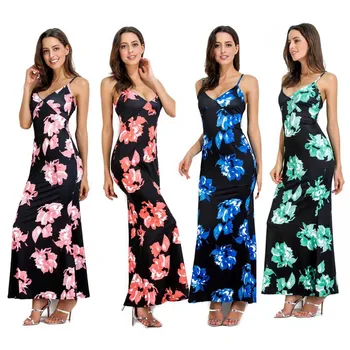 

bnwige Strap flower Print Women Long Dress 2019 Summer Off The Shoulde Sleeveless Sexy Backless Size Bodycon Maxi Gress