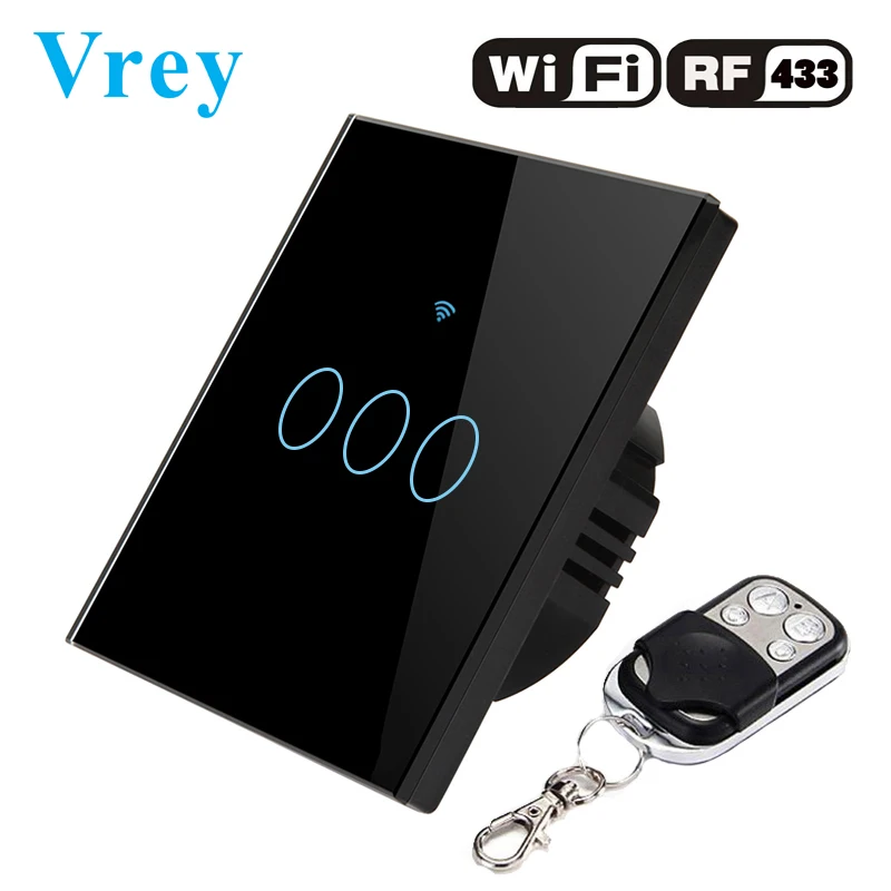 Vrey EU WiFi APP сенсорный выключатель 3 банды 110-240 В настенный светильник сенсорный экран переключатель, Кристальное стекло переключатель панель и пульт дистанционного управления