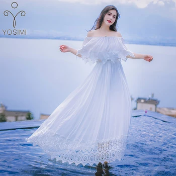 

YOSIMI 2020 Summer Maxi Chiffon Lace Long Women Dress Butterfly Sleeve for Travel Slash Neck Off The Shoulder White Party Dress