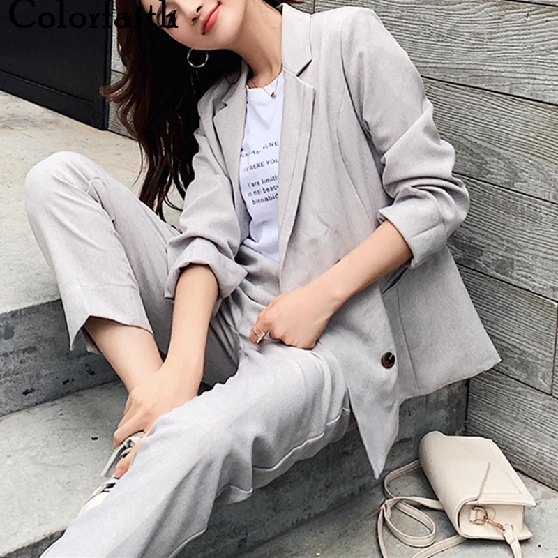 

2020 New Spring Woman Sets 2 Piece Outfits Matching Pants Casual Double Breasted Costume Elastic Waist Suit WS1265