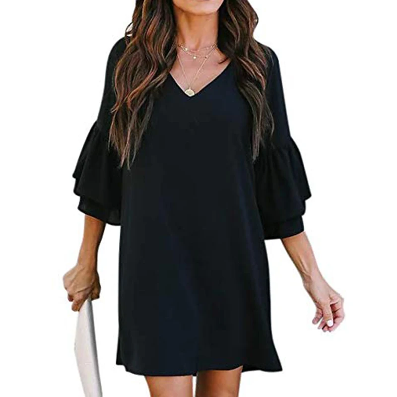 

2019 New Style Summer Autumn Women's Sweet and Lovely V-neck Trumpet Sleeve Straight Dress Mini Sexy Fashion Blue Yellow Color